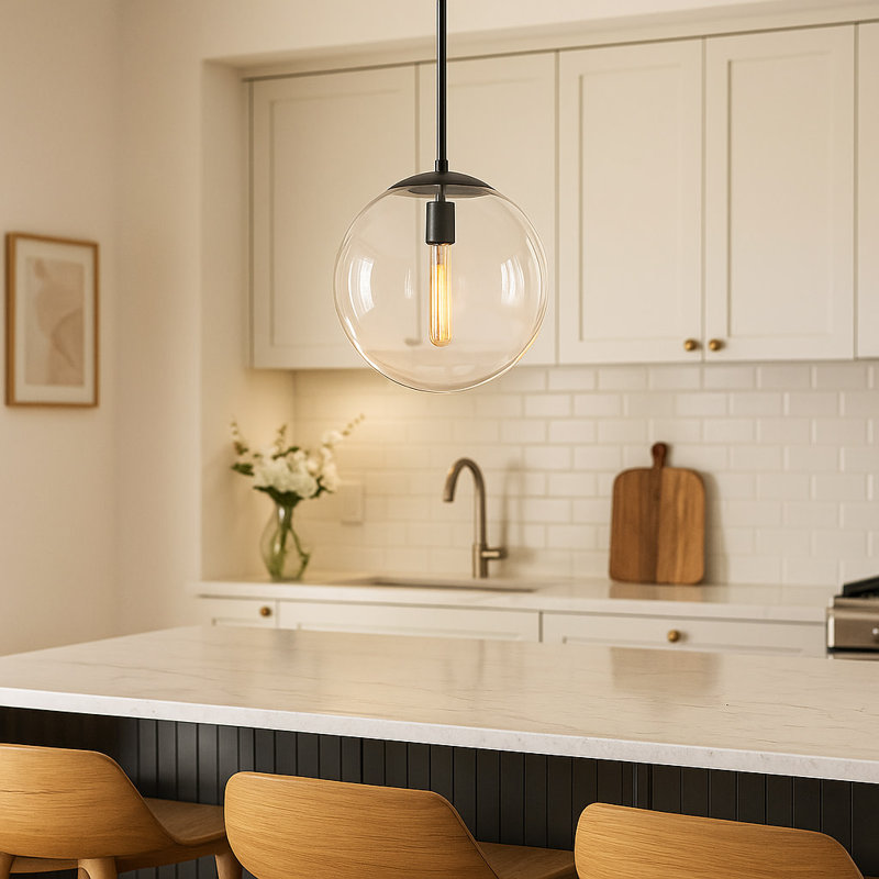 Warby Single Light Orb Pendant Light, Black, Clear, 14.25" H x 13.5" W x 13.5" D