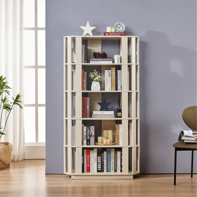 Wooden Oval Open Bookshelf, MDF Grid Frame Freestanding Bookcase, 5-Tier Easy Assembly Storage Display Rack for Living Room Home Office Decor, DIY Free Combination Storage Cabinet Study Room