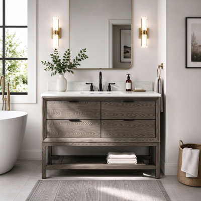 48" Freestanding Single Sink Solid Wood Gray Oak Bathroom Vanity with Engineered Marble Top