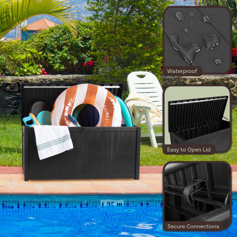 113 Gallon Black Faux Wood Lockable Deck Storage Box