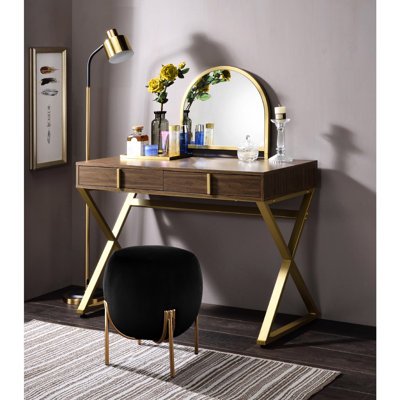 Meuble-lavabo 2 tiroirs avec miroir et plateau à bijoux, structure en métal doré noyer, profondeur 42 po, largeur 19 po, hauteur 50 po, pour tiroirs élégants, miroir, design, profond, large, grand, petits espaces de maquillage