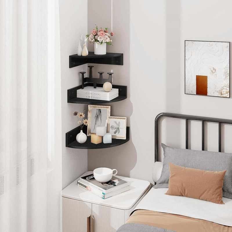 Tablettes d'angle flottantes, ensemble de 3 tablettes d'angle fixées au mur avec trou pour câbles, étagère de rangement en bois à 3 niveaux pour chambre à coucher, salon, cuisine