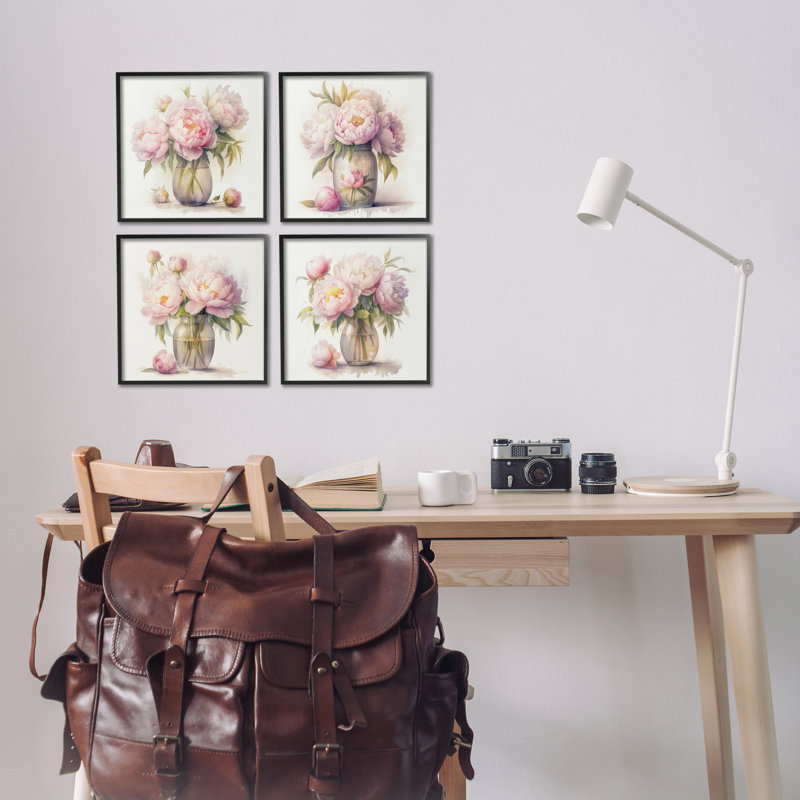 Jolies pivoines roses, ensemble de 4 giclées par LSR Design Studio, Giclée encadrée noir minuit, H 12 po x l 12 po