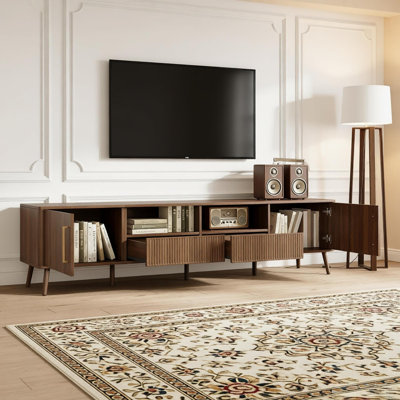 78-inch Tv Stand For Tvs Up To 85", Modern Entertainment Center With Soft-close Doors, Open Shelf, Tv Media Console Table With Cable Management, Solid Wood Legs,for Living Room, Walnut Finish