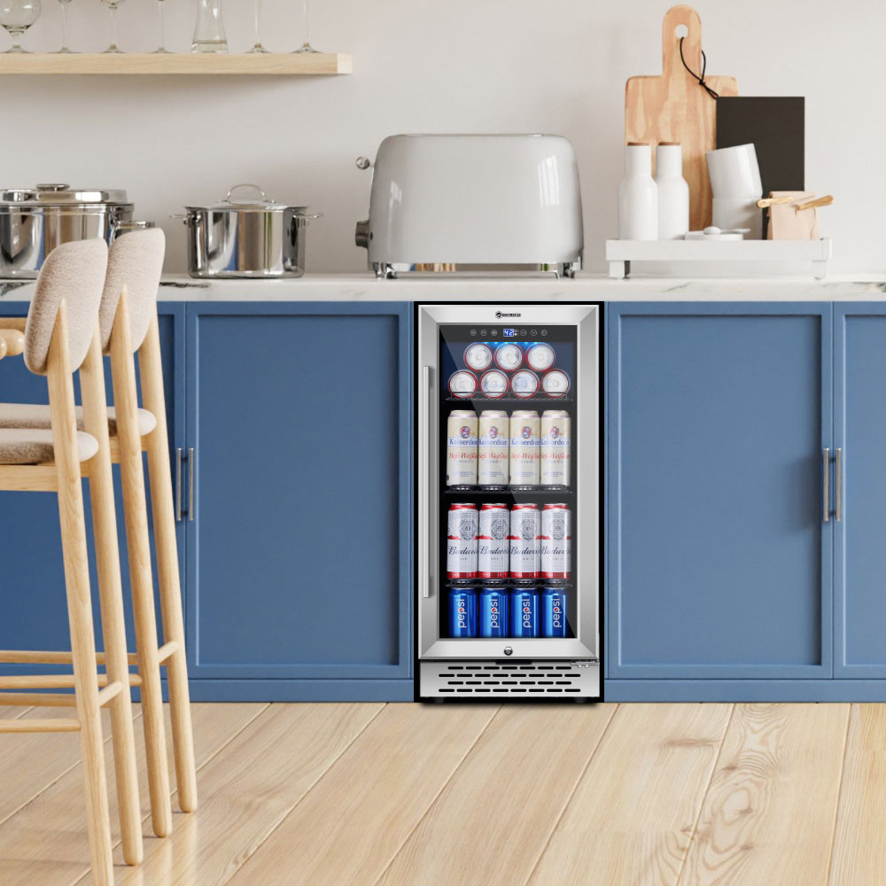 15 Inch Beverage Refrigerator Under Counter, Small Beverage Fridge with Glass Stainless Steel Door&Lock — FIN-0017727 | Fridge.com