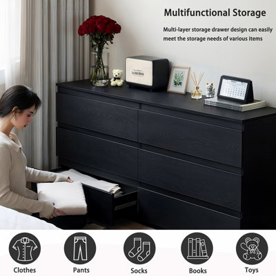 Commode 6 tiroirs noire, commode de chambre moderne avec comptoir spacieux, armoire de rangement en bois avec poignées dissimulées et 6 tiroirs profonds pour la chambre à coucher, le salon, le vestibule, P 15,7 po x l 47,2 po x H 30,9 po