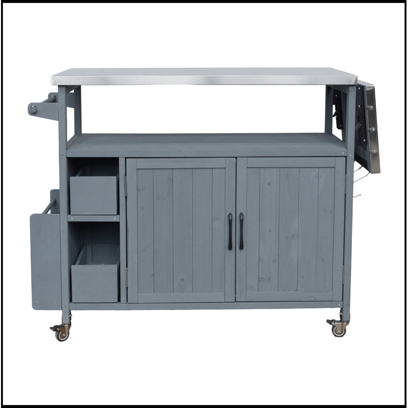 Chariot de cuisine d'extérieur avec plateau en acier inoxydable, support à épices, porte-serviettes et roulettes verrouillables