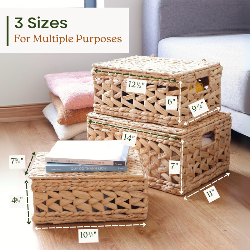 Natural Woven Water Hyacinth Wicker Storage Baskets with Lids, Set of 3