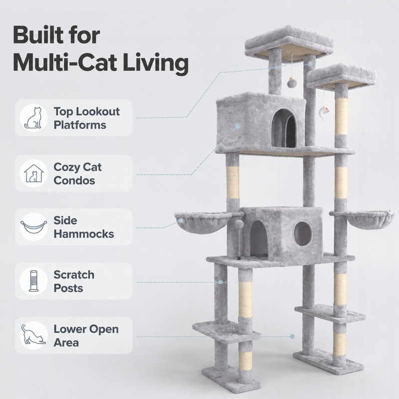 Arbre à chat multiple avec niches, hamacs et litière, Gris clair