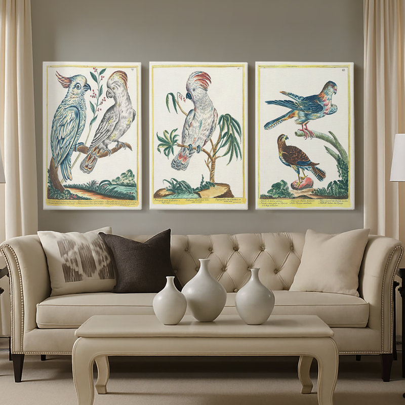 Oiseaux pastel I - Toile tendue avec châssis sur mesure - 3 pièces, H 12 po x l 24 po