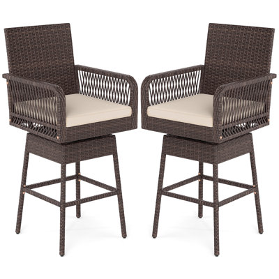 Tabouret de bar pivotant à 360° de 74 cm (29 po) pour terrasse, avec accoudoirs tressés, repose-pieds et coussin d'assise, bleu marine.