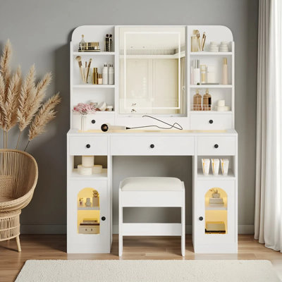 43" RGB LED Vanity Desk With Illuminated Mirror, Glass Top & 5 Drawers - Includes Stool by Orren Ellis