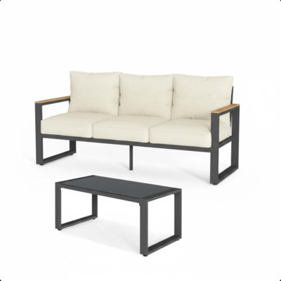2-Piece 3-Seat All-Weather Aluminum Patio Sofa Set With Thick Cushions And 44 Inch Glass Coffee Table For Outdoor Relaxation