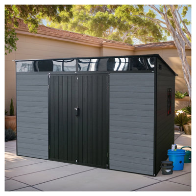 Remise de jardin extérieure en résine 10 po x 7 pi avec plancher et 1 fenêtre ouverte, remise en plastique pour patio avec porte verrouillable pour outils de jardin, vélos, poubelles, gris et noir