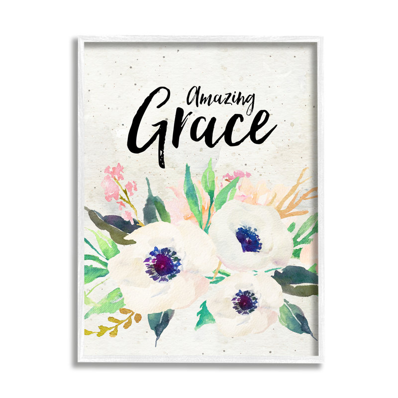 Amazing Grace Calligraphy White Flower Blossom Bot Picture Frame Print on MDF, 16" W x 20" H, Coastal White Framed Giclee