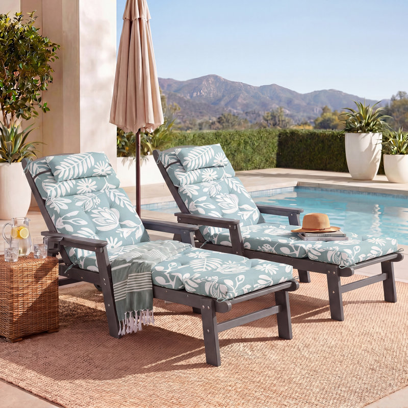 Outdoor 5'' Chaise Lounge Seat Back Cushion with Headrest and Ties, Green Floral