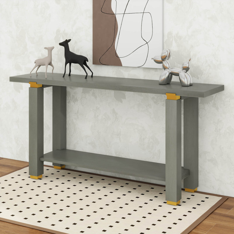 Console d'entrée - Design minimaliste moderne avec détails géométriques en métal, tablette inférieure ouverte, Gris