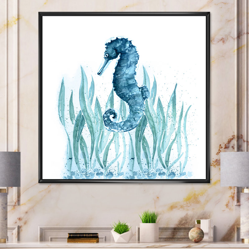 Blue Art Seahorse - on, H 16 po x l 16 po x P 1 po, Toile avec cadre flottant noir