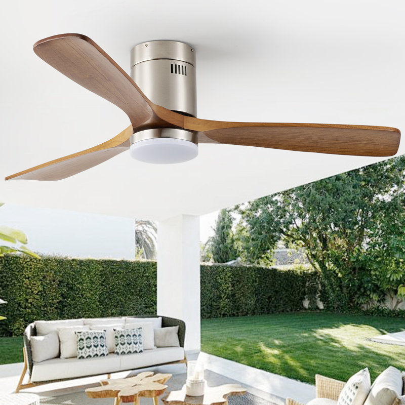 52 In. Flush Mount Nickle Wood Ceiling Fan With Light