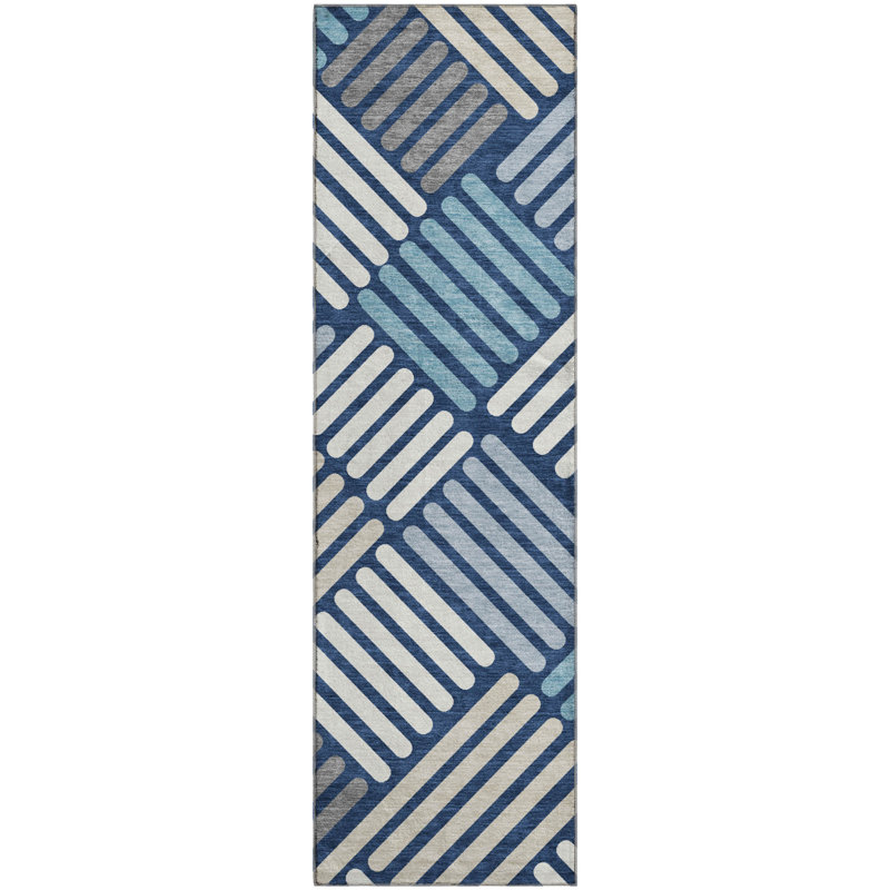 Premium Machine Washable Mayfield AMF2339 Geometric Rug, 2'3" x 7'6" Runner, Navy