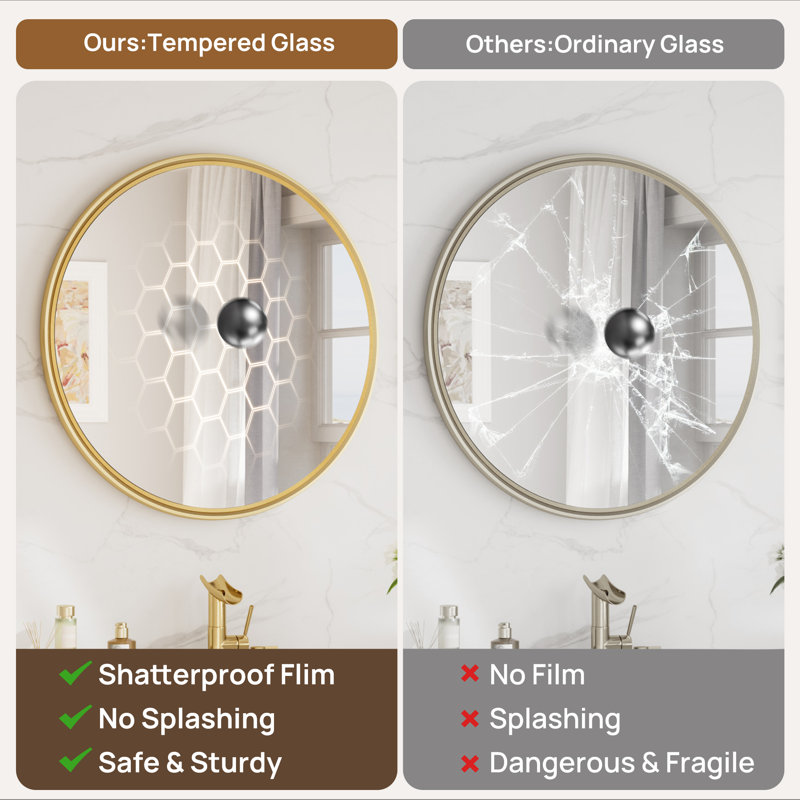 Round Bathroom Mirror with Tempered Glass, 32" x 32", Gold