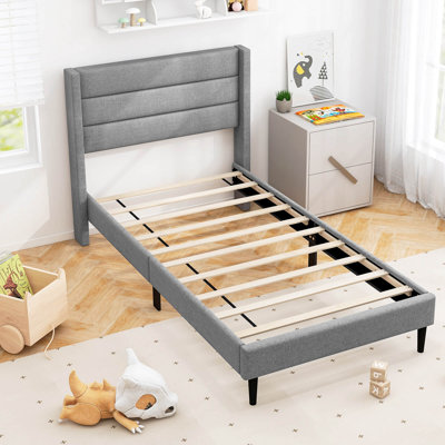 Costway Bed Frame With Wingback Headboard Linen Upholstered Platform Bed Gray