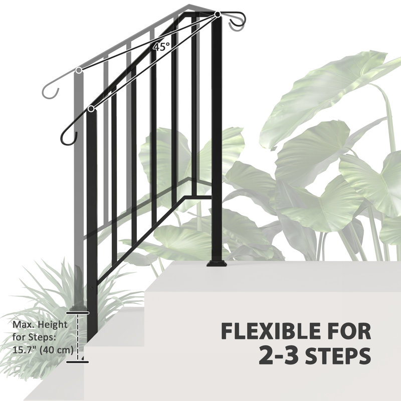Rampes d'escalier à 1 ou 2 marches pour l'extérieur, rampe d'escalier de terrasse, noir, H 55,1 po x l 28 po x P 3,1 po