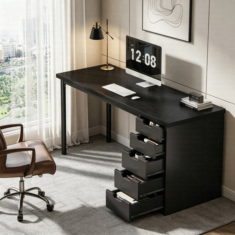 Bureau d'ordinateur 47 po à 5 tiroirs, poste de travail rustique avec rangement, Noir