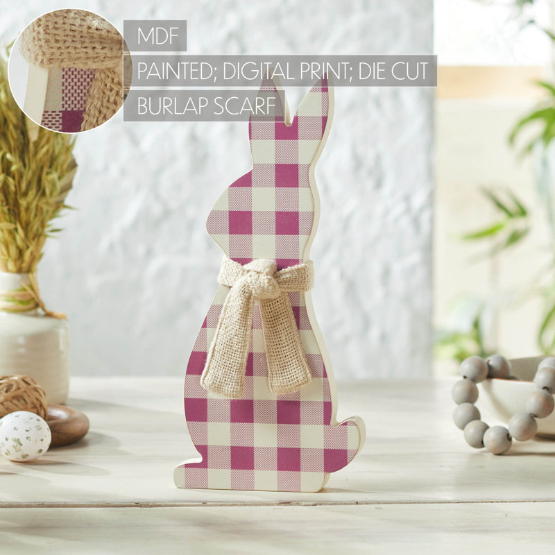 Bunny Hop MDF All Ears Lavender Check Bunny In Burlap Scarf 13x6x1, White/Purple