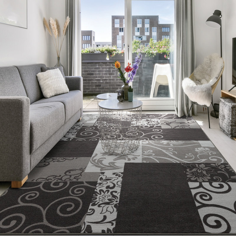 Tapis gris / noir en polypropylène tissé à la machine Audine, Rectangle 6 pi 5 po x 9 pi