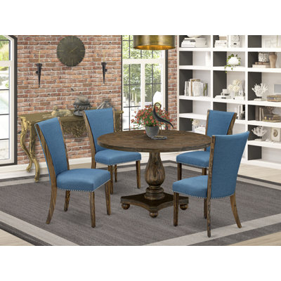 5 Piece Dinette Set for 4 Includes a Round Dining Table with Pedestal and 4 Blue Color Linen Fabric Parson Chairs, Distressed Jacobean