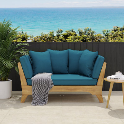 Lit de jour avec coussins, canapé d'extérieur extensible en bois d'acacia avec accoudoirs réglables, canapé de jour convertible d'extérieur avec coussins et coussins amovibles