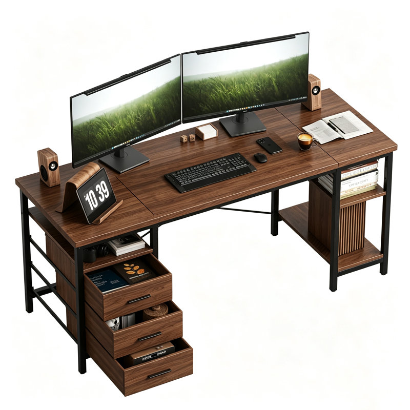 Metal Base Computer Desk, Walnut/Black, 75cm H x 120cm W x 60cm D