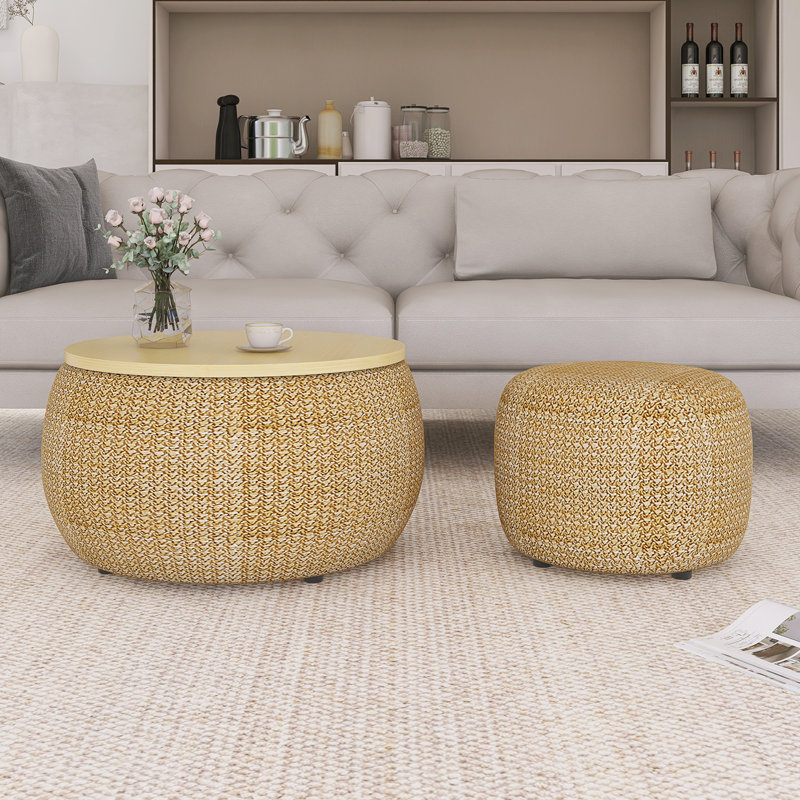 Round Storage End Table With Small Seat, Natural, Natural