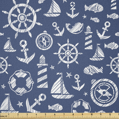 Deona Diagonal Hatched Nautical Elements Ship's Wheel Anchor and Marine Animals Multi-Purpose Fabric