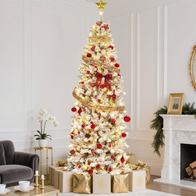 Arbre de Noël enneigé 12 pi avec lumières à DEL blanc chaud, pin et base en métal pour décoration intérieure et extérieure