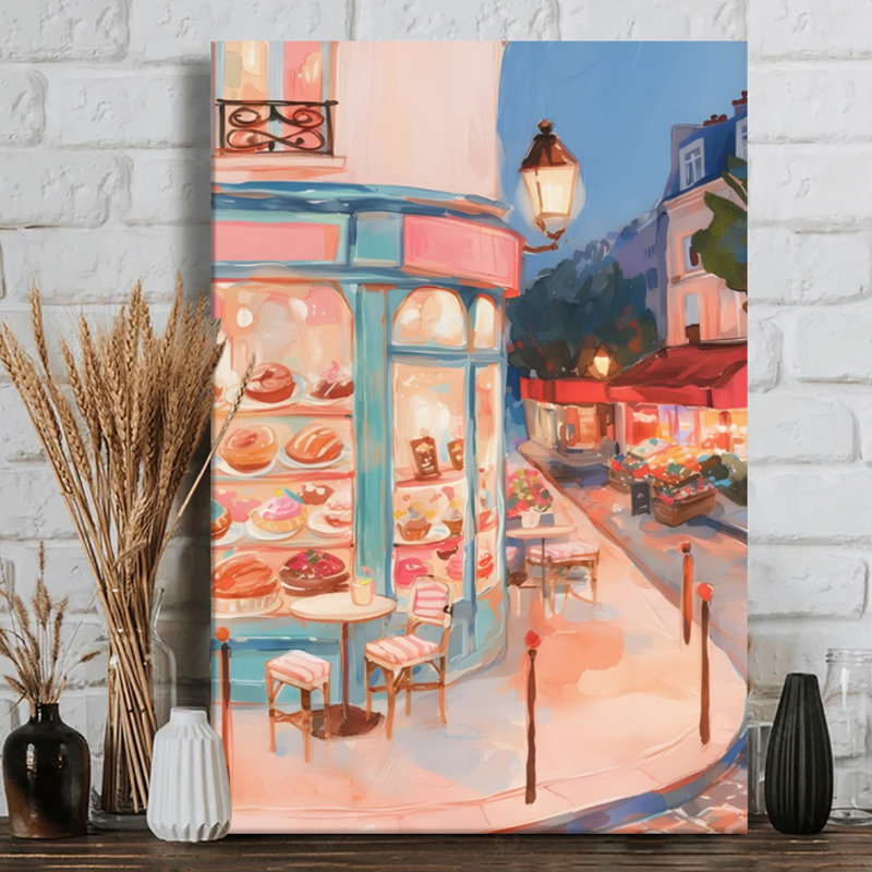 Façade de café avec pâtisseries - Impression d'art mural moderne sur toile tendue sur châssis, 91,4 cm (H) x 61 cm (L), prête à être accrochée