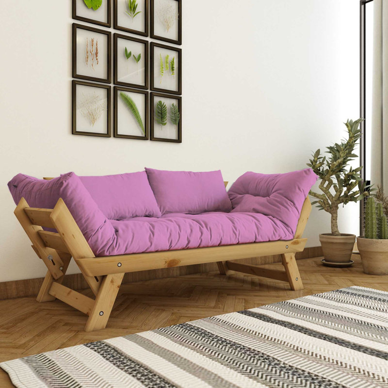 Convertible Pine Wood 2-Seat Outdoor Sofa With Waterproof Linen Cushions, Natural, Pink