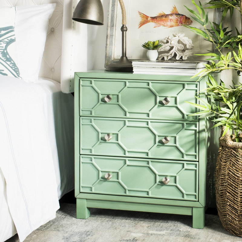 Modern Turquoise 3 Drawer Nightstand – Solid wood Bedroom Chest with Raised Geometric Pattern Design