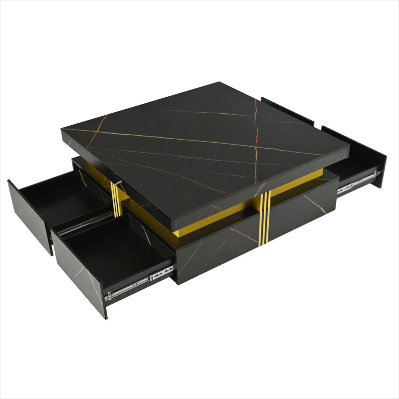 Table basse de rangement pour le salon avec 4 tiroirs, panneau de fibres à densité moyenne carré de 43,3 po, Black
