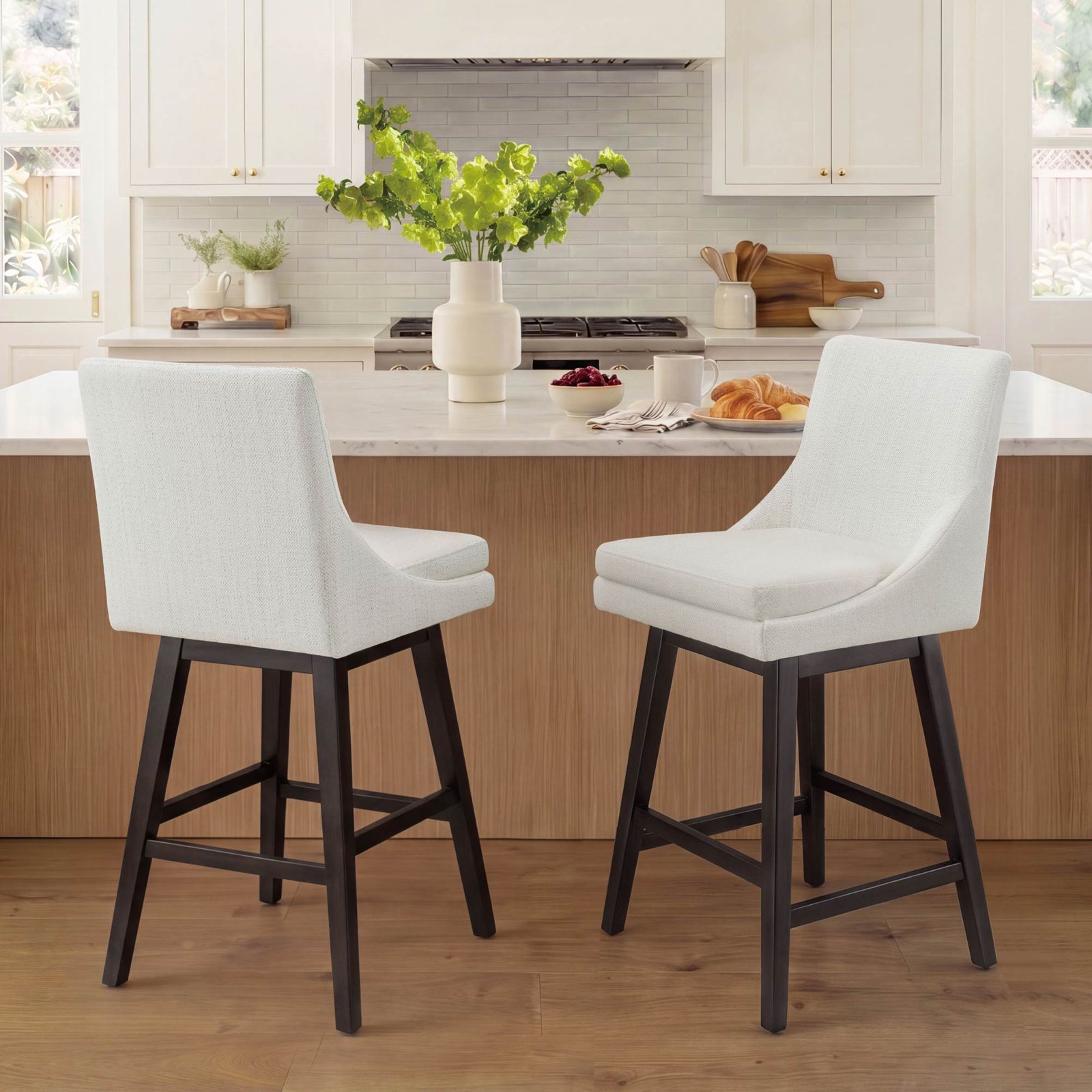 Zahara Swivel Bar and Counter Stool, Bar Stool (30” Seat Height), White Polyester/Brown