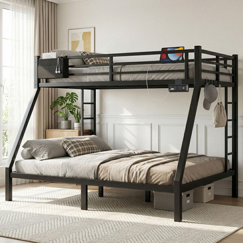 Twin Over Full Metal Bunk Bed with Charging Station, LED and Noise-Reducing Design