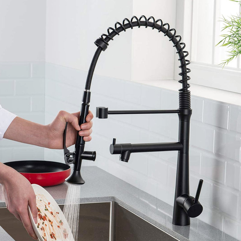Robinet rétractable d'évier de cuisine - Noir mat de style commercial robuste avec pré-rinçage à une poignée pour économiser l'eau