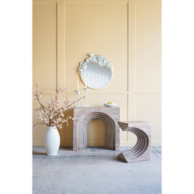 Console arquée moderne 32,3 x 14,2 x 29,9 po, finition faux travertin beige | Idée cadeau