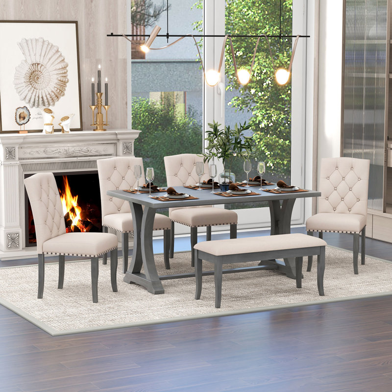 Shanequah 6-Piece Farmhouse Dining Table Set, Rectangular Trestle Table and 4 Upholstered Chairs & Bench for Dining Room,dining room set,dinning table set