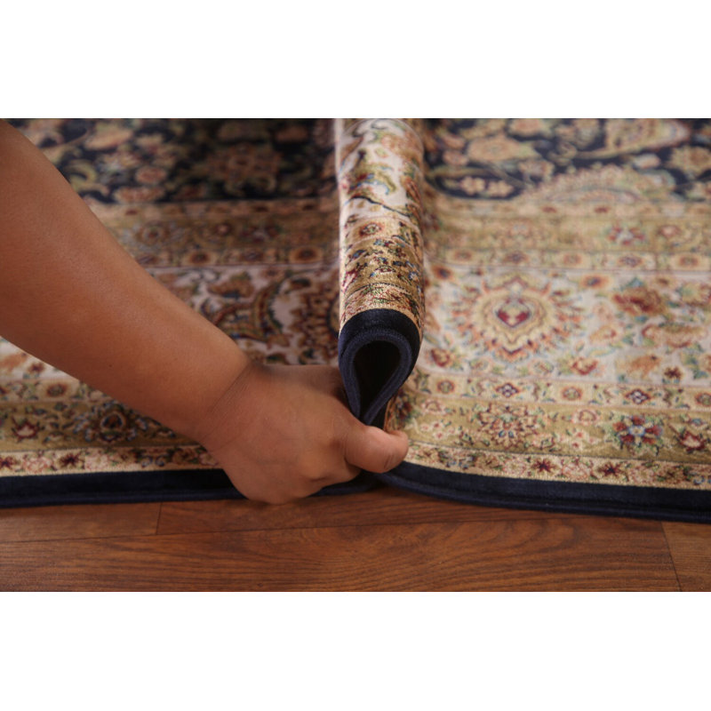Tapis turc traditionnel bleu marine à motif floral 7 x 10
