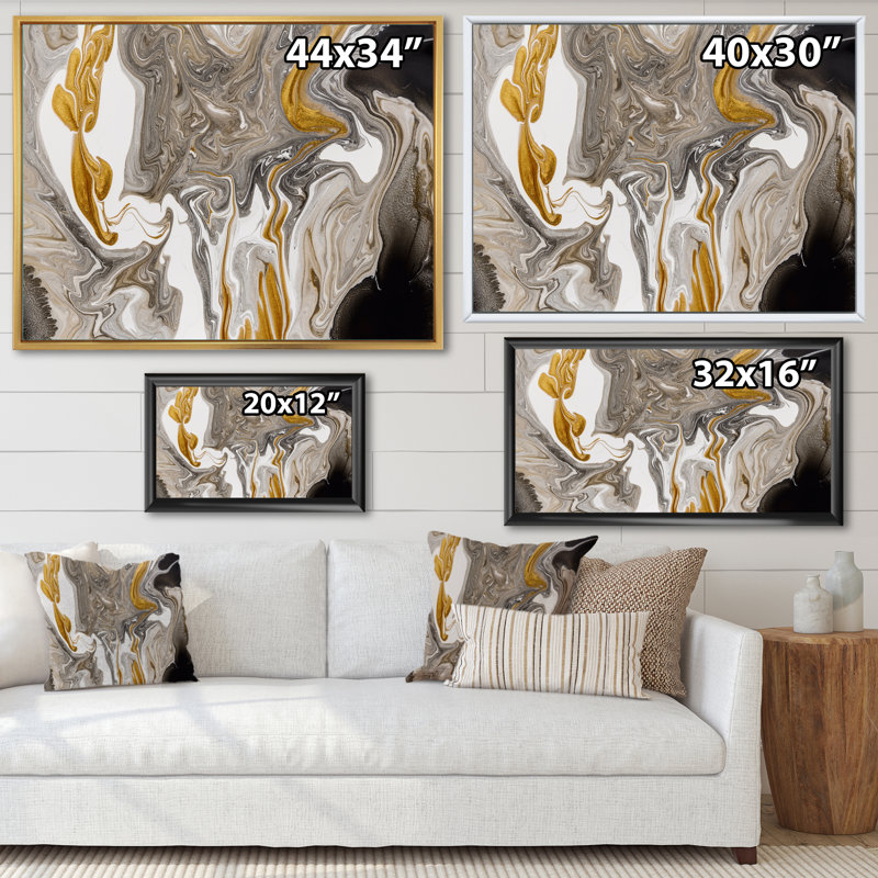 Vagues de marbre dorées et grises - peinture sur toile, H 24 po x l 32 po, Cadre flottant érable