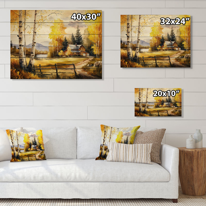 Drapeau de la grange jaune au printemps III - impression sur bois sans cadre, H 24 po x l 32 po x P 1 po
