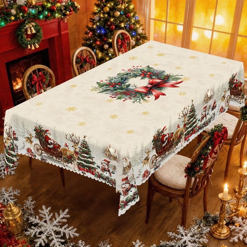 1pc round/rectangular polyester Edford, Christmas Edford with pine, snowman, truck, embosed edge, Christmas decorations for dining table, festival party holiday table decoration, festival gift