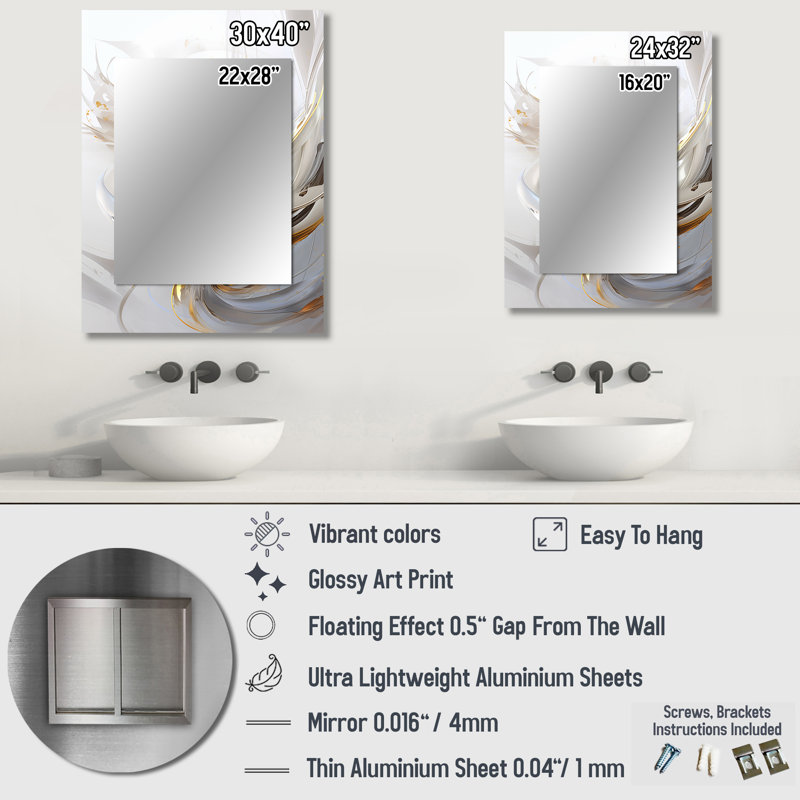 Fractal Gold Sphere On White I - Fractals Unique Wall Mirror, Modern Mirror, Printed Metal Art, 40" x 30"